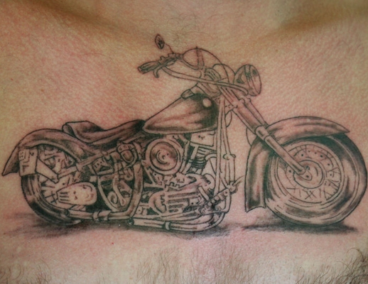 Nice Harley Davidson Bike Tattoo On Chest