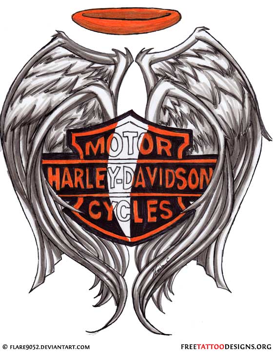 Nice Harley Davidson Logo With Wings And Halo Tattoo Design