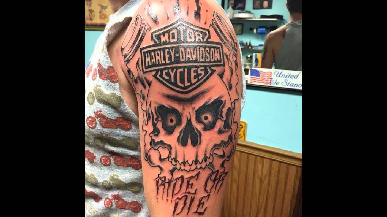 Nice Harley Logo With Engine And Skull Tattoo On Left Half Sleeve