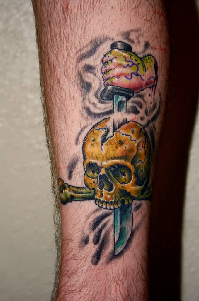 Nice Knife Ripped Skull Tattoo For Leg