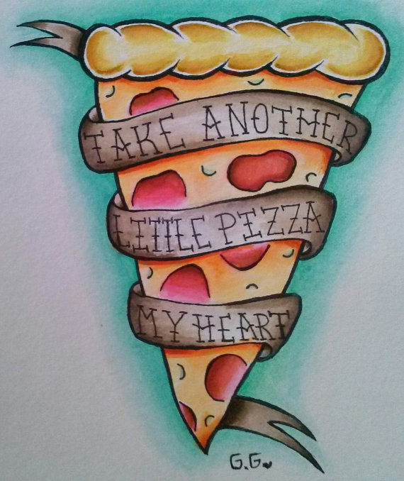 Nice Lettering Banner On Pizza Slice Tattoo Design