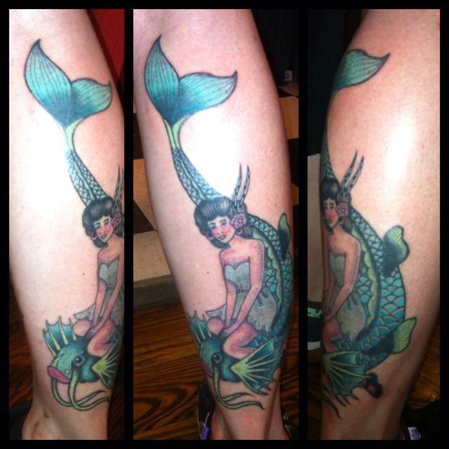 Nice Mermaid On Fish Tattoo