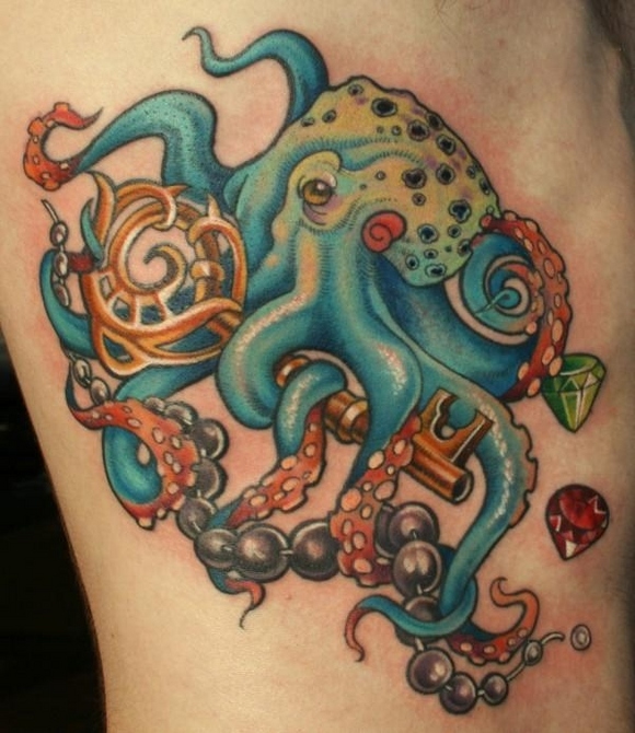 Nice Octopus With Key And Diamonds Tattoo
