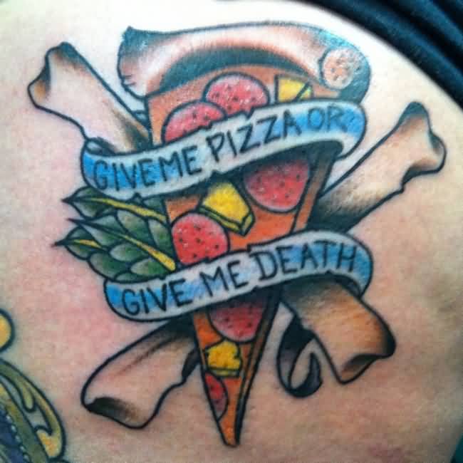 Nice Pizza Slice With Crossed Bones Tattoo