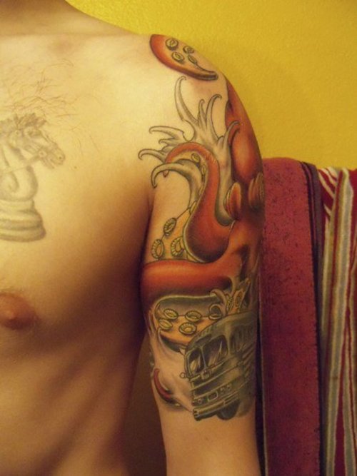 Nice Red Octopus Sea Creature Tattoo On Left Half Sleeve
