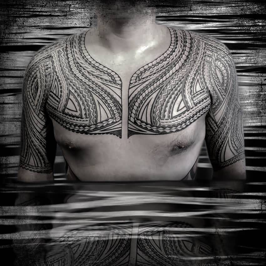 Nice Samoan Tribal Tattoo On Chest And Shoulders