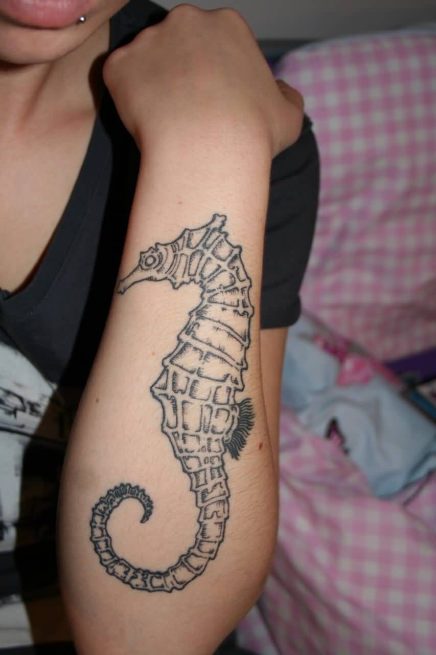 Nice Sea Creature Seahorse Tattoo On Arm Sleeve
