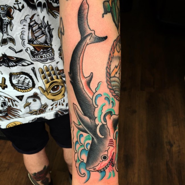 Nice Sea Creature Shark Tattoo On Forearm