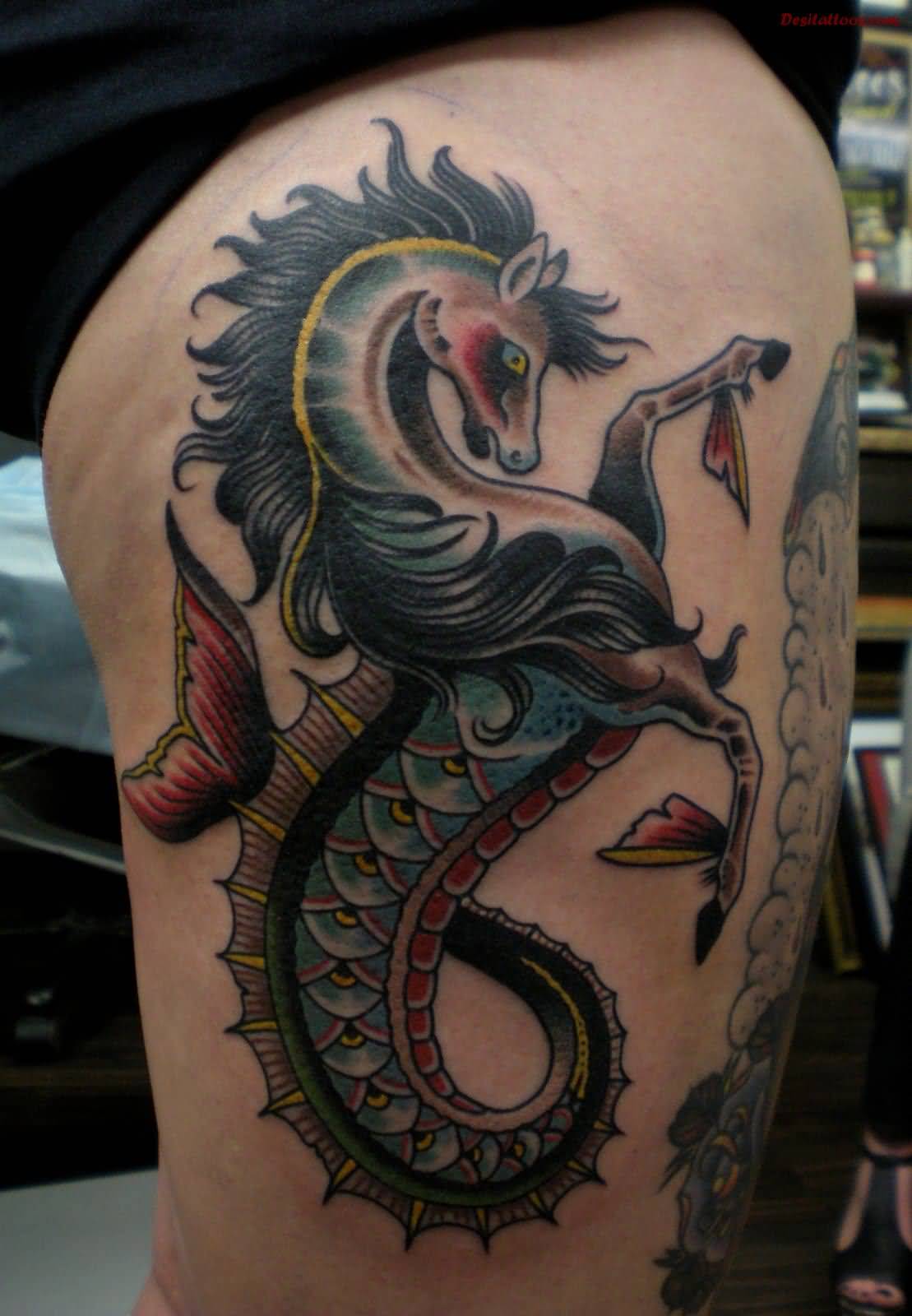 Nice Seahorse Creature Tattoo On Thigh