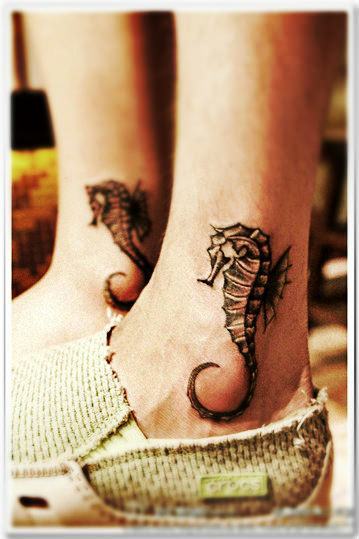 Nice Seahorse Matching Tattoos On Both Ankles