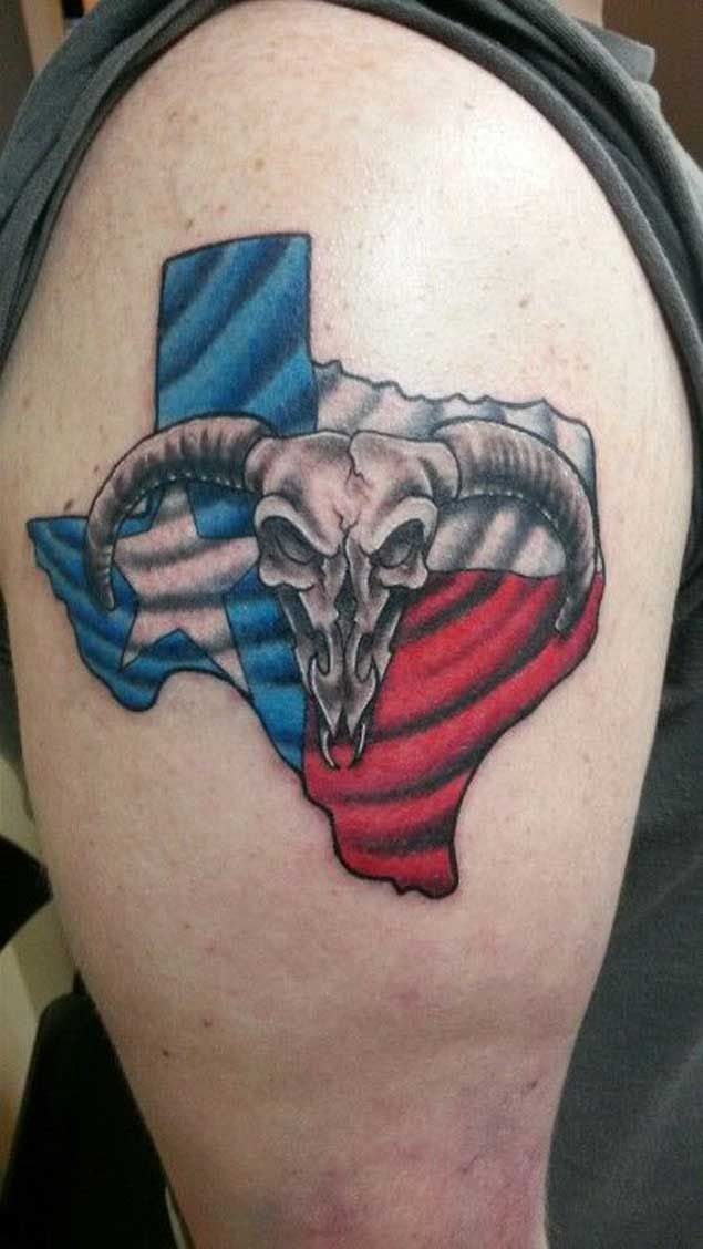 Nice Texas Flag With Bull Skull Tattoo On Right Shoulder