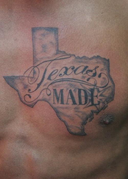 Nice Texas Made On Map Tattoo On Chest
