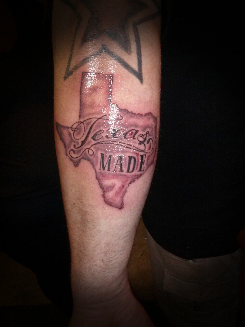 Nice Texas Made Text On Grey Ink Map Tattoo On Arm Sleeve