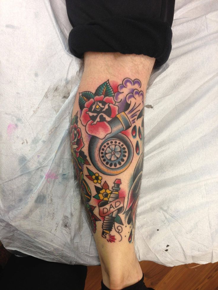 Nice Turbo And Spark Plug Traditional Tattoo On Leg By Ryan Gagne