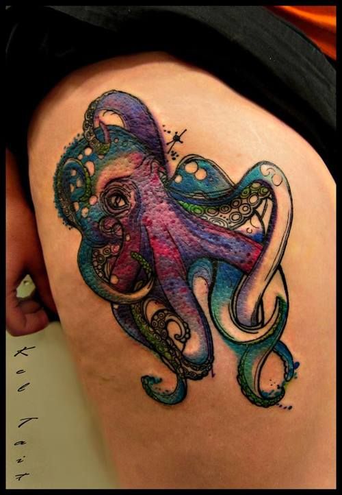 Nice Watercolor Sea Creature Octopus Thigh Tattoo