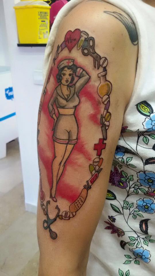 Nurse Tattoo On Right Half Sleeve