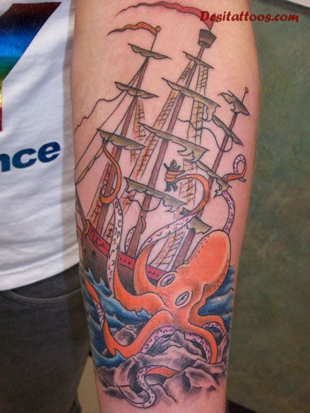 Octopus And Ship Tattoo On Forearm