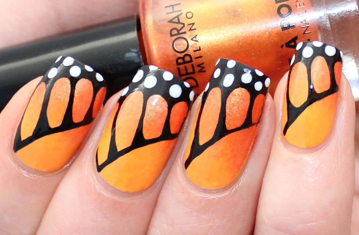 Orange And Black Butterfly Wings Nail Design Idea