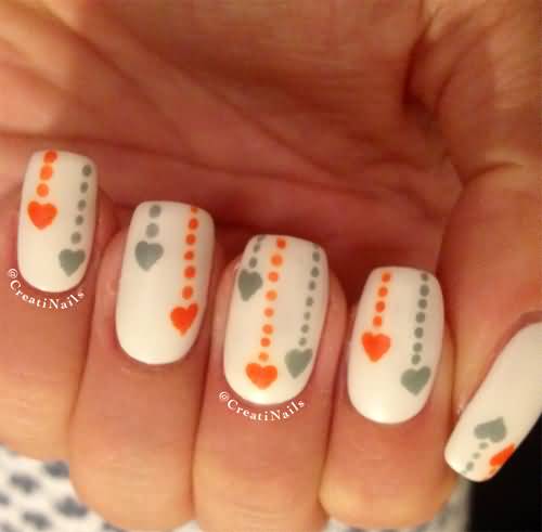 Orange And Grey Hearts And Polka Dots Nail Art Idea