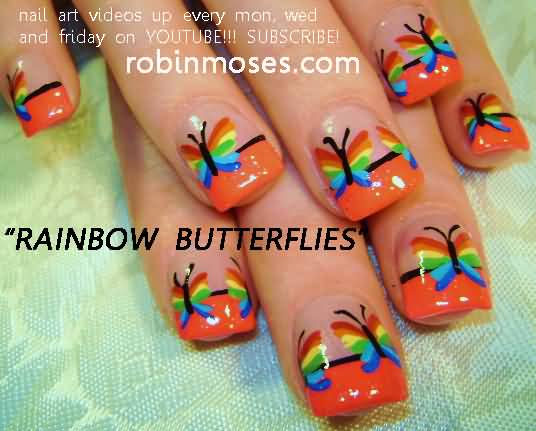 Orange Tip Nails With Rainbow Butterflies Nail Art