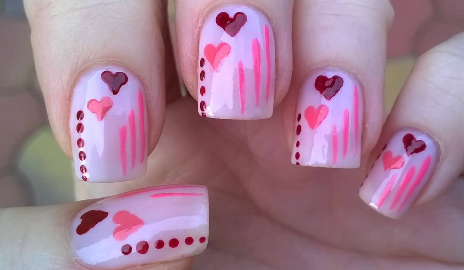 Pastel Pink Hearts Nail Art Design Idea