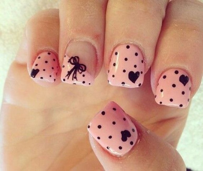 Peach Nails With Black Hearts, Dots And Bow Design Idea