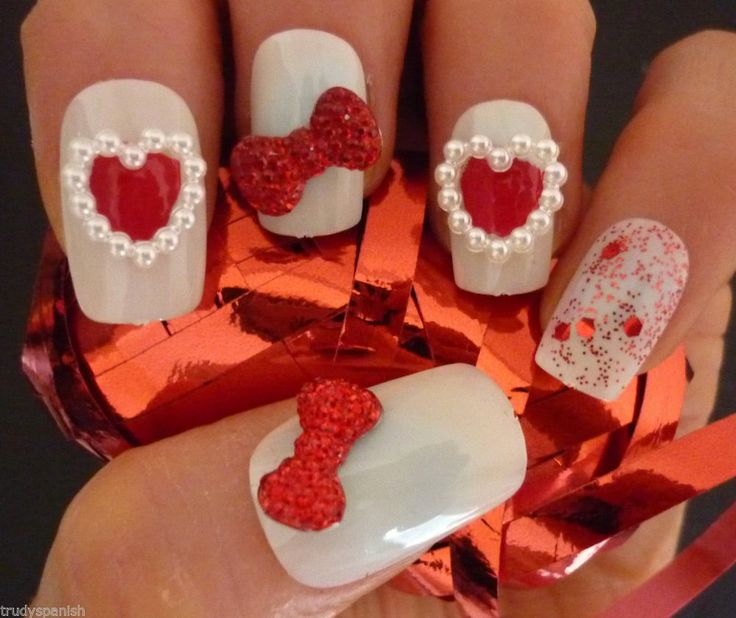 Pearls Design Red Heart Nail Art With 3D Bow Design Idea