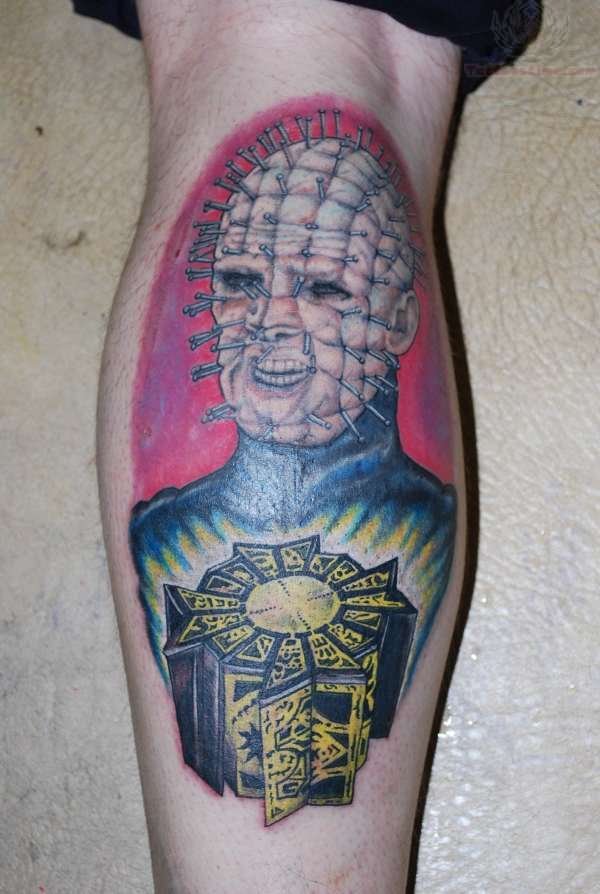 Pinhead Cube Color Ink Tattoo On Back Leg