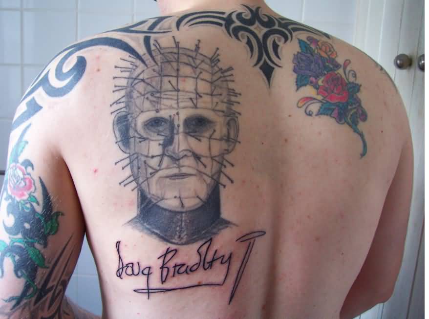 Pinhead With Tribal Design Back Left Shoulder Tattoo