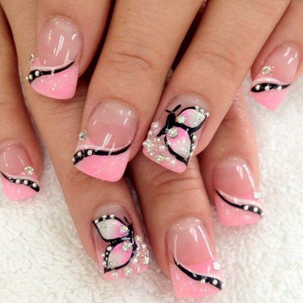 Pink And Black Butterfly Nail Art With Rhinestones Design Idea