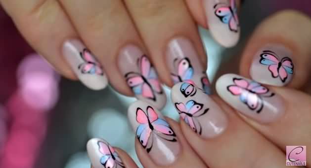Pink And Blue Butterflies Nail Art Design Idea