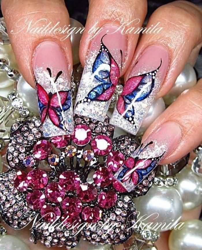 Pink And Blue Butterflies Nail Art On White Tip Nails