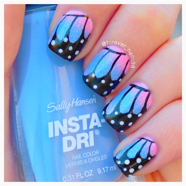 Pink And Blue Butterfly Wings Nail Art