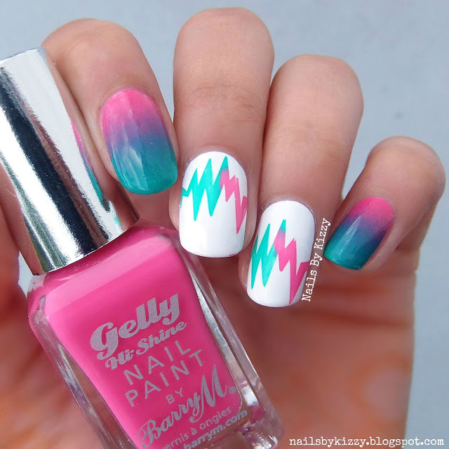 Pink And Blue Gradient Heartbeat Nail Art