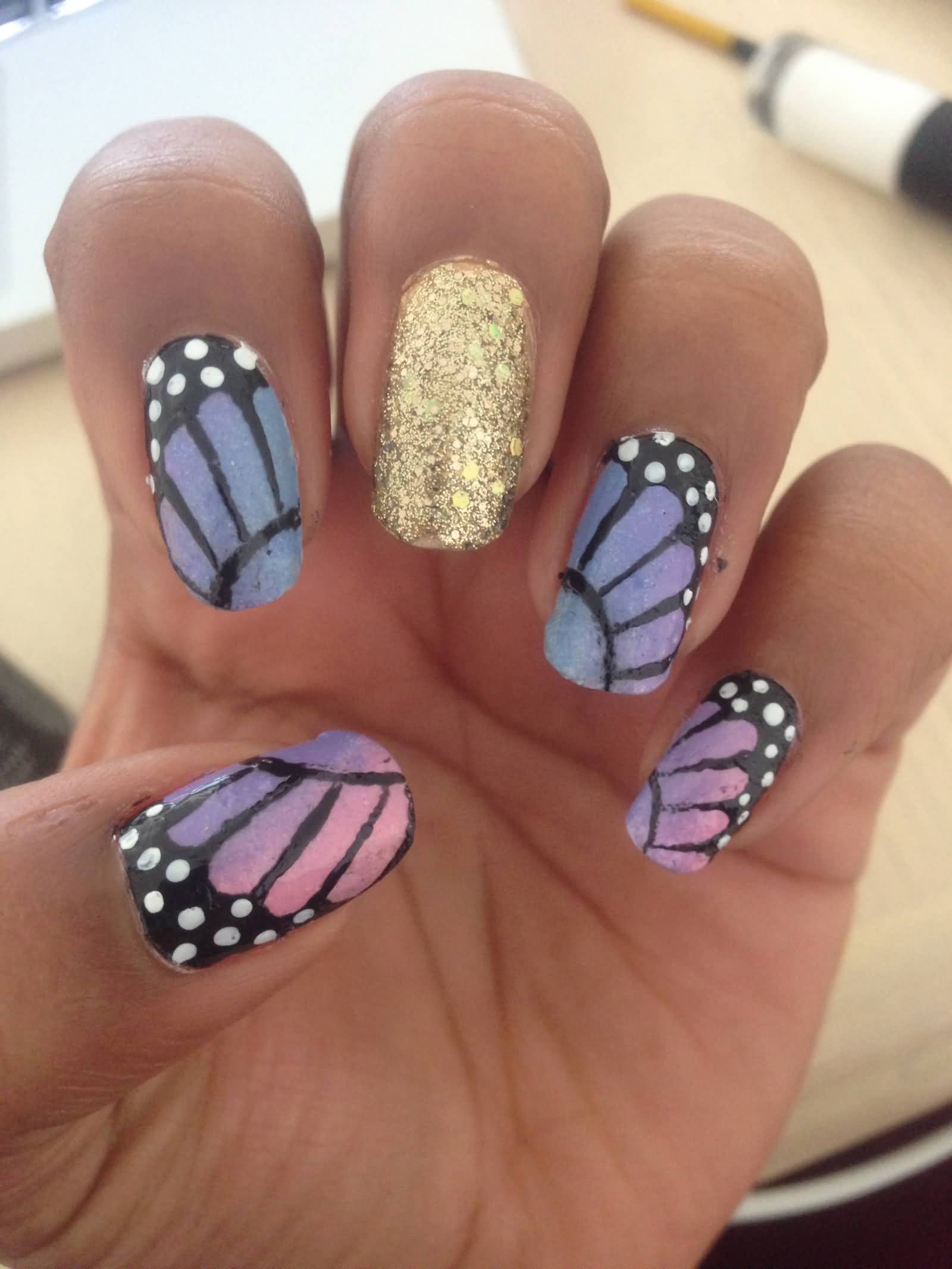 Pink And Blue Ombre Butterfly Wings Nail Art Design