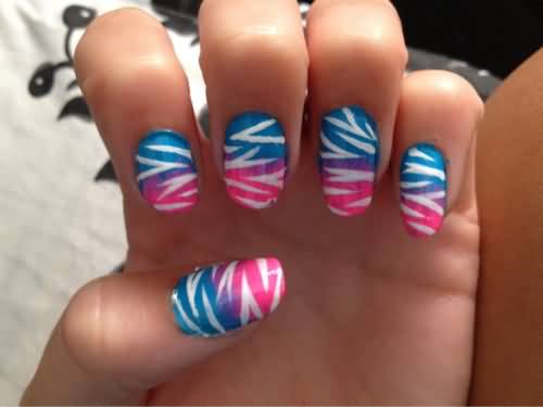 Pink And Blue Stripes Pattern Nail Design