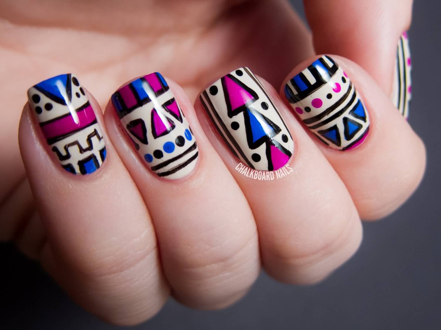 Pink And Blue Tribal Pattern Nail Art