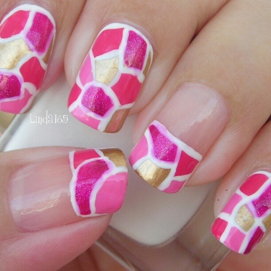 Pink And Gold Mosaic Pattern Nail Art
