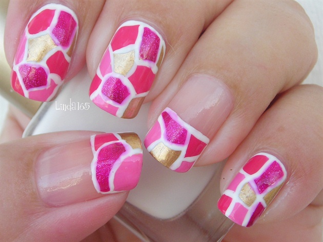 Pink And Gold Mosaic Nail Art Design Idea