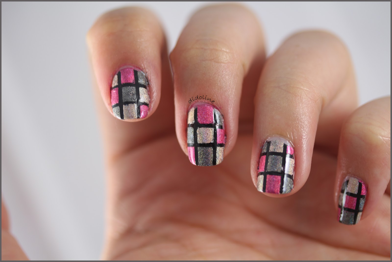 Pink And Gray Mosaic Blocks Nail Art Design