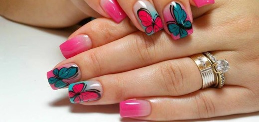 Pink And Green Butterflies Nail Art Design Idea