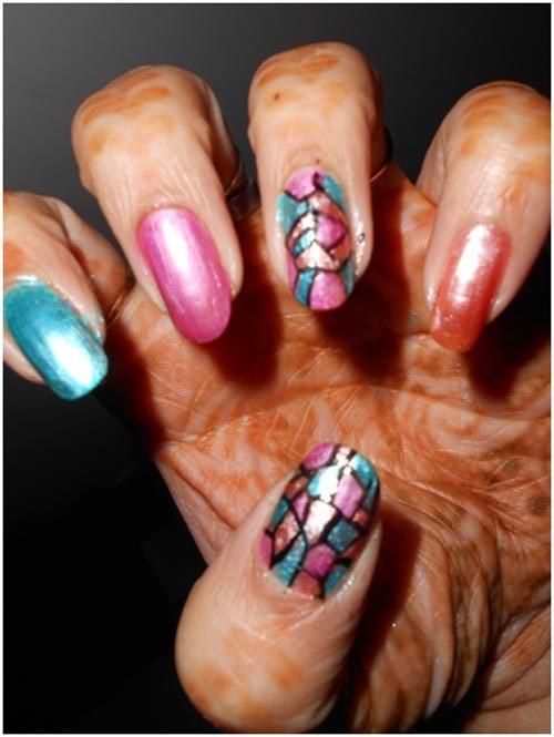 Pink And Green Mosaic Nail Art Design