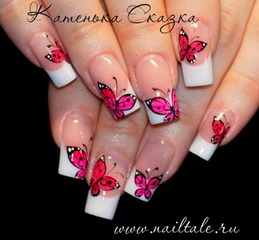 Pink And Red Butterflies Nail Art With White Tip Design Idea