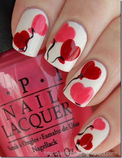 Pink And Red Heart Balloons Nail Art