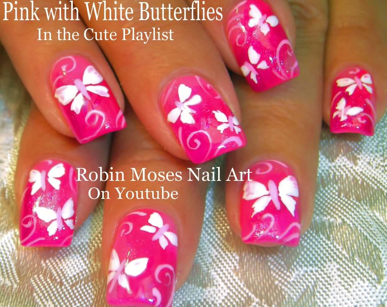 Pink And White Butterflies Nail Art