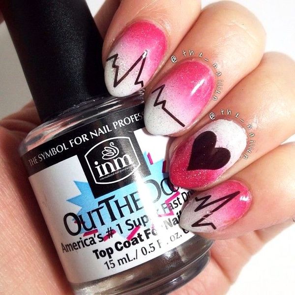Pink And White Gradient Nails With Heartbeat Nail Art Design