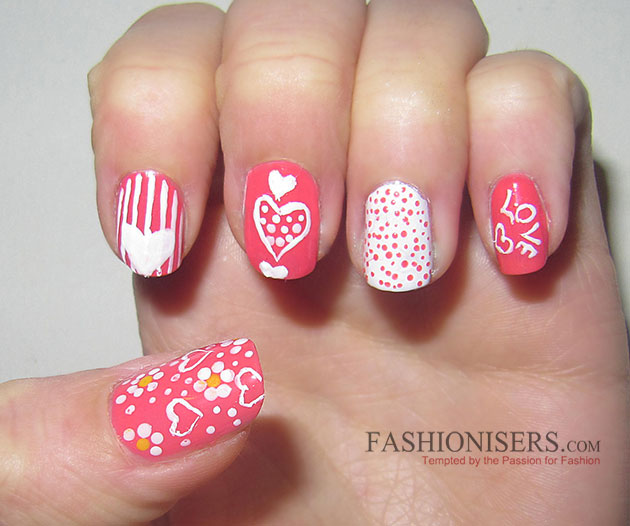 Pink And White Hearts Nail Art Design Idea