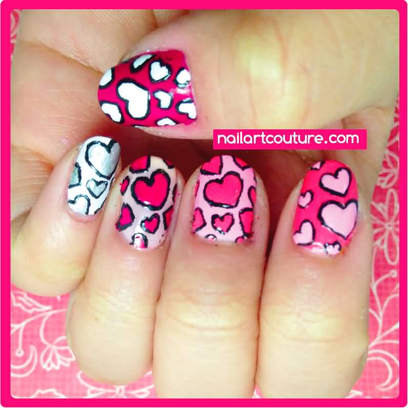 Pink And White Hearts Nail Art