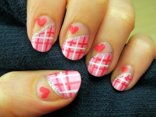 Pink And White Plaid Design And Hearts Nail Art