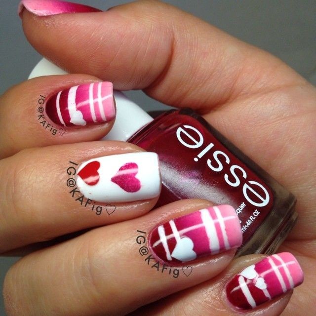 Pink And White With Plaids Design Heart Nail Art